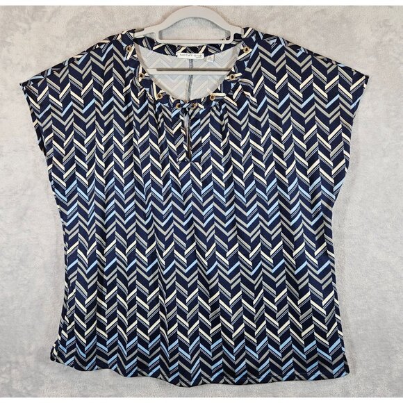 Notations Chevron Print Blue Blouse Womens M With Gold Grommets at neck office - Picture 1 of 11